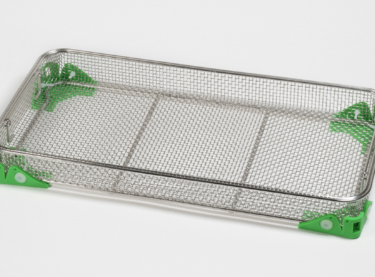 Metal mesh tray with green corners on a white background