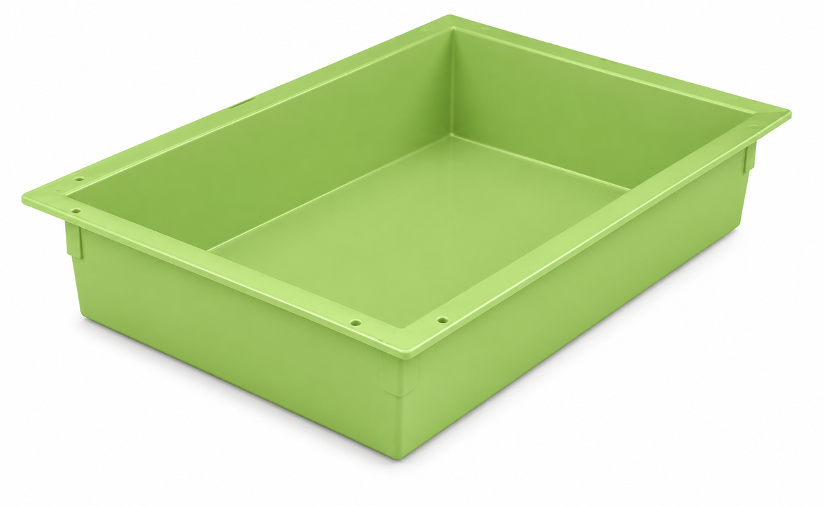 Green plastic storage bin on a white background
