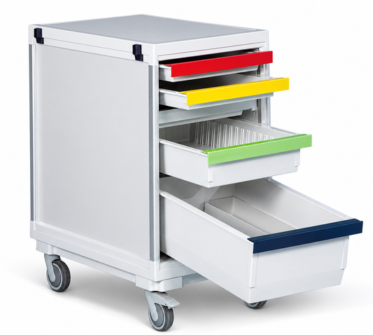 White storage cart with colorful drawers on a white background