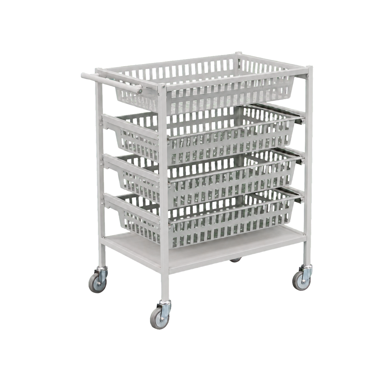 A three-tier gray plastic storage cart with a lower shelf and caster wheels, shown on a plain white background.