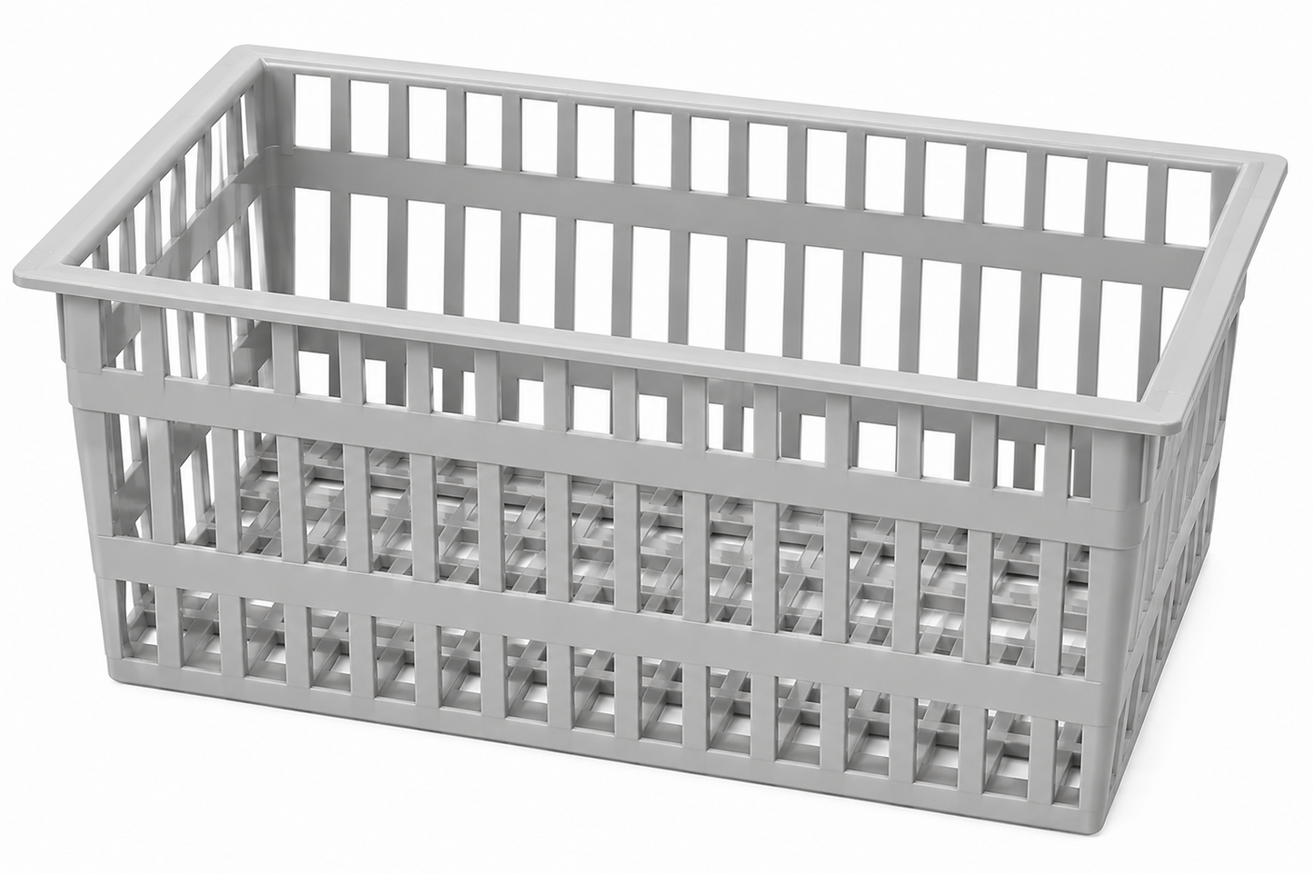 Gray plastic storage basket on a white background