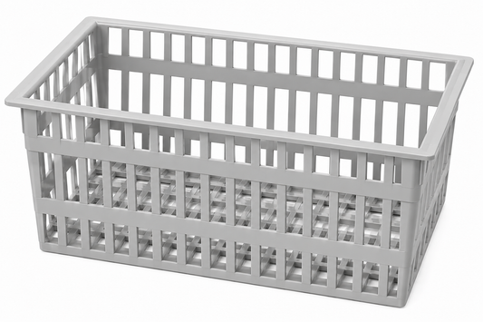 Gray plastic storage basket on a white background
