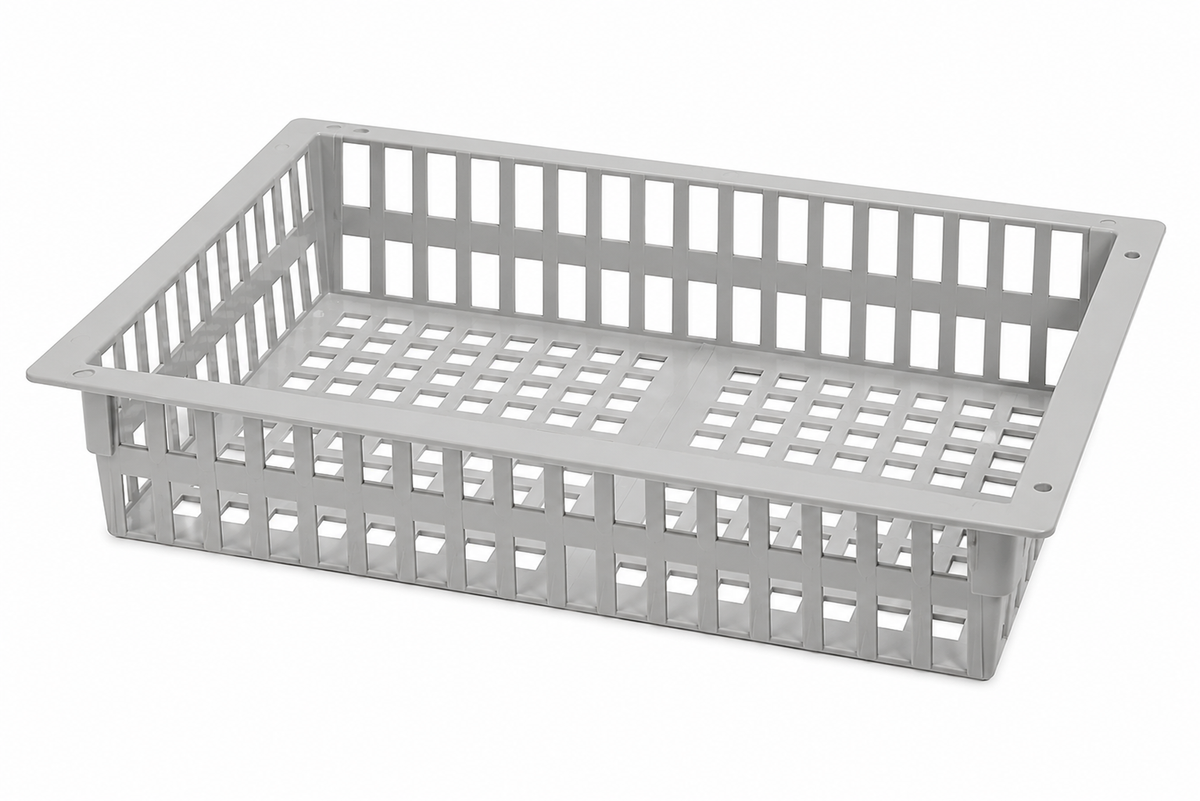 Gray plastic storage basket on a white background