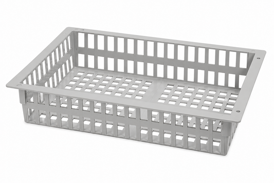 Gray plastic storage basket on a white background