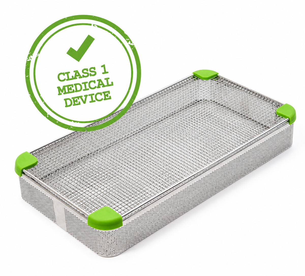 A rectangular stainless steel mesh medical tray with bright green corner protectors, shown on a white background with a green circular 'CLASS 1 MEDICAL DEVICE' stamp overlay.
