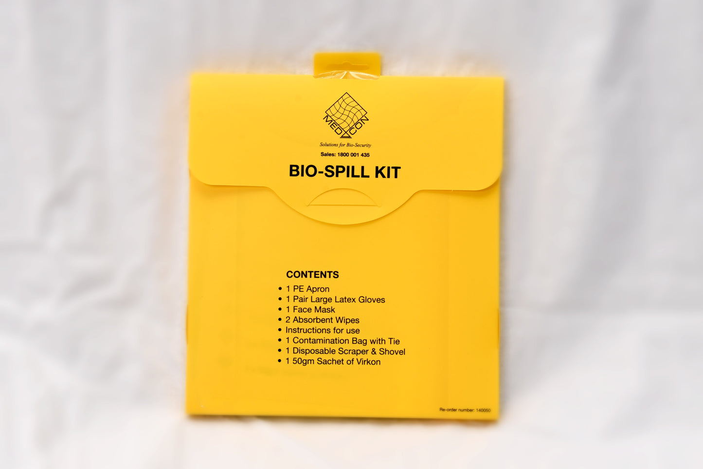 Yellow bio-spill kit packaging with text on a white background