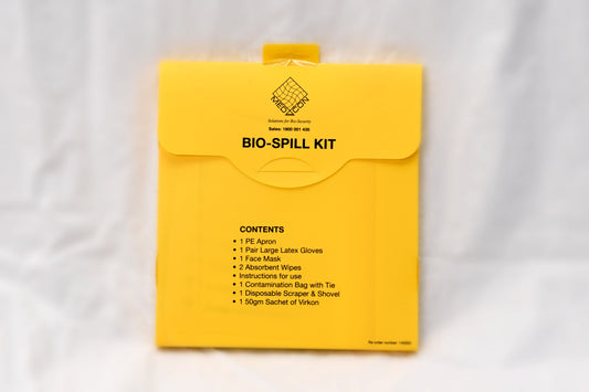 Yellow bio-spill kit packaging with text on a white background