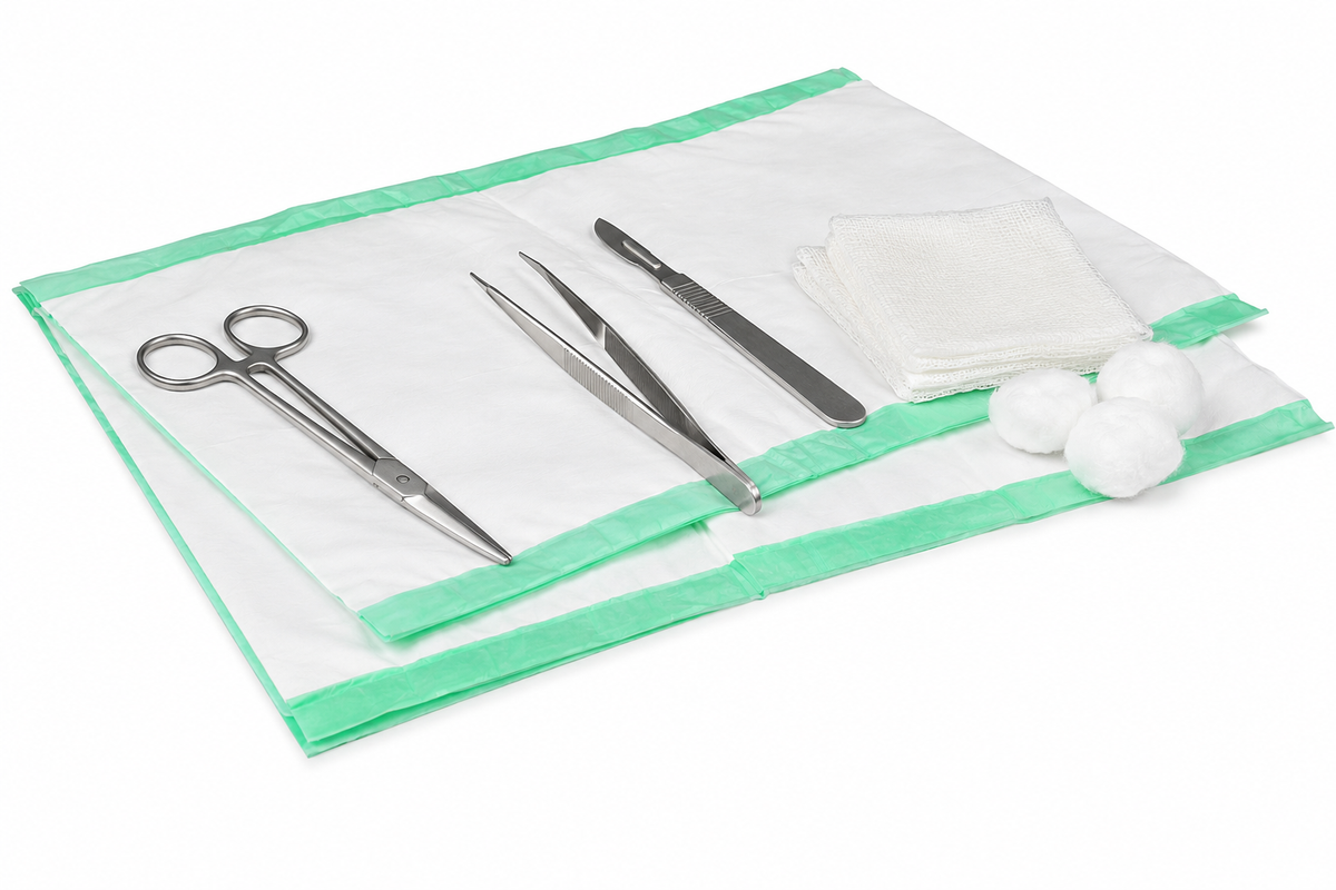 Set of surgical instruments on a green and white tray with cotton balls.