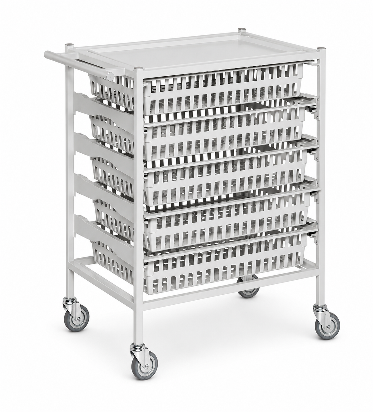 A stainless steel medical supply cart with four tiers of plastic storage baskets, featuring a flat top tray and caster wheels, shown on a white background.