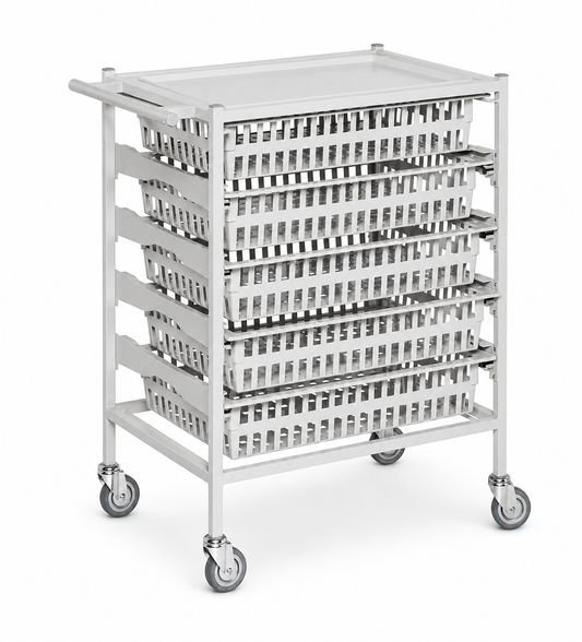 A stainless steel medical supply cart with four tiers of plastic storage baskets, featuring a flat top tray and caster wheels, shown on a white background.
