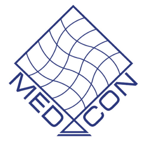 Logo of Medcon with a geometric design on a white background