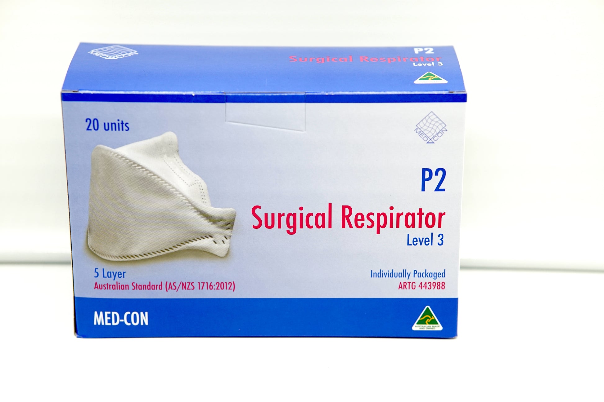 Box of Med-Con P2 Surgical Respirator on a white background
