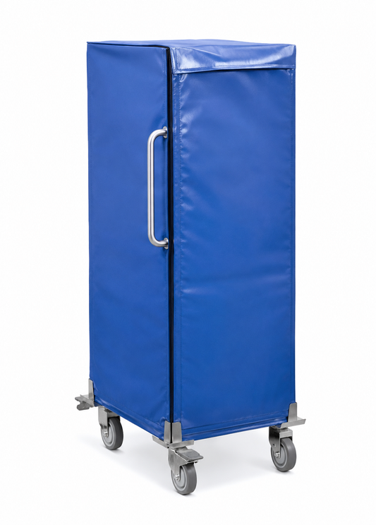 A blue fabric-covered utility cart with a silver metal handle and gray caster wheels, shown on a plain white background.