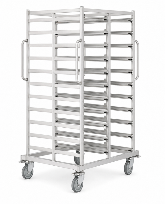 A stainless steel bakery or catering rack cart with multiple horizontal racks, side handles, and caster wheels, shown on a plain white background.