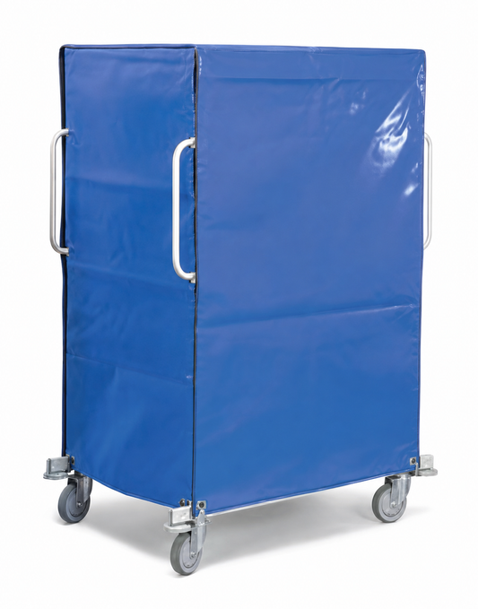 A blue fabric-covered utility cart with metal handles and gray caster wheels, shown on a plain white studio background.