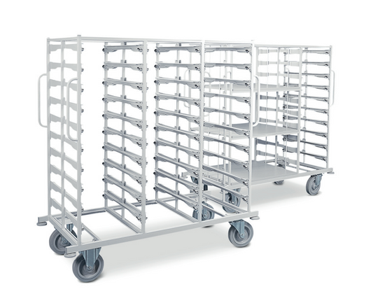Metal tray rack on wheels with multiple tiers of trays on a white background