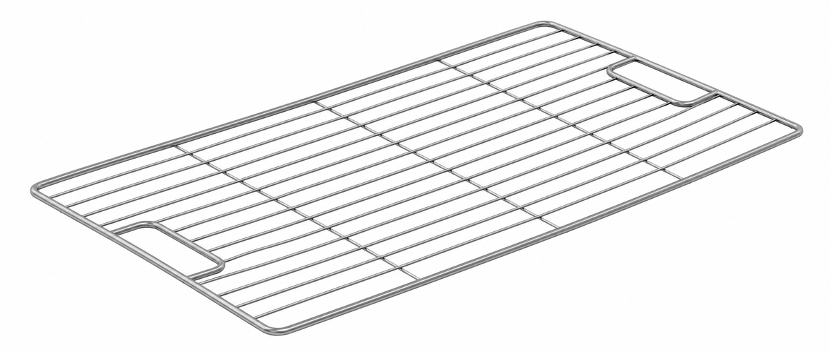 A rectangular stainless steel wire shelf rack with integrated handles at the corners, shown on a plain white background.
