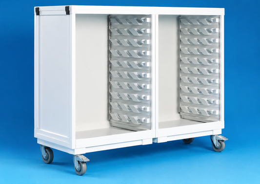 White storage cart with multiple shelves on a blue background