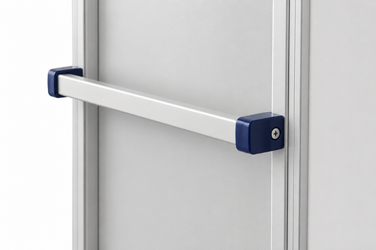 A modern horizontal door handle with a brushed silver metal bar and dark blue plastic end caps, mounted on a light gray door frame.