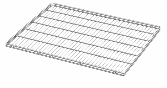 A rectangular stainless steel wire cooling rack or shelf grid, shown at an angle on a plain white background.