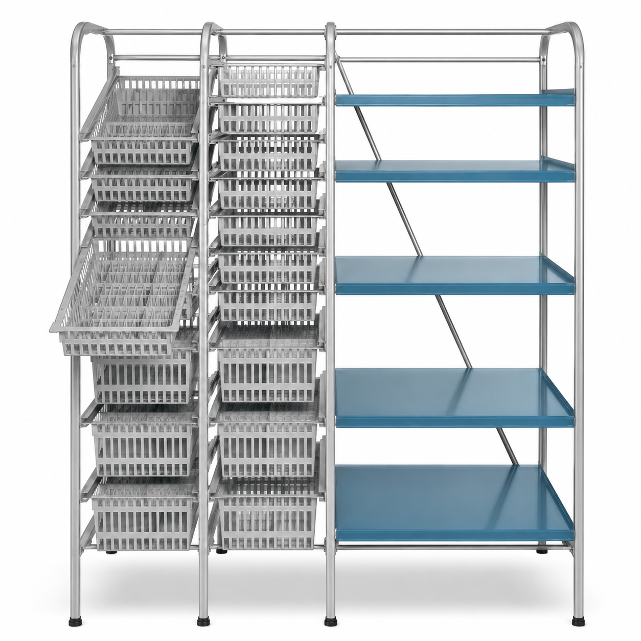 A silver metal industrial shelving unit with two columns of gray plastic basket bins on the left and four blue shelves on the right, shown on a white background.