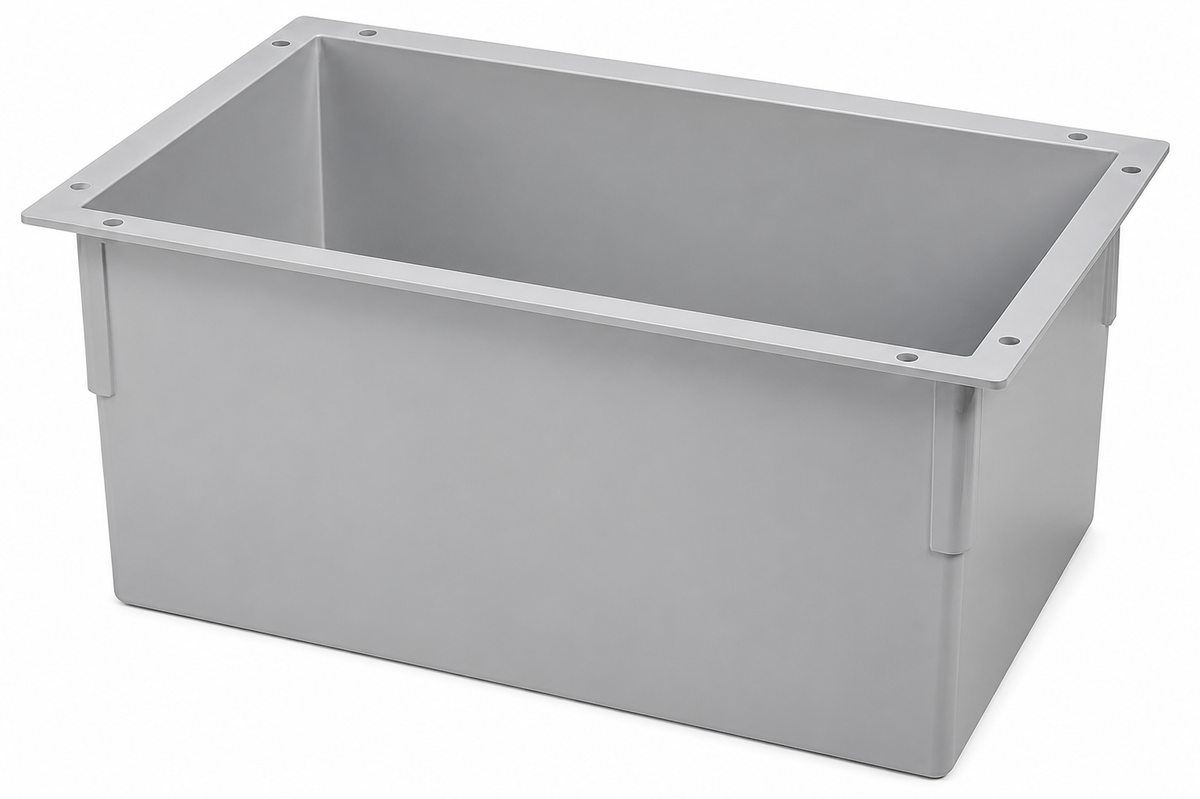 Gray rectangular plastic box with a white background