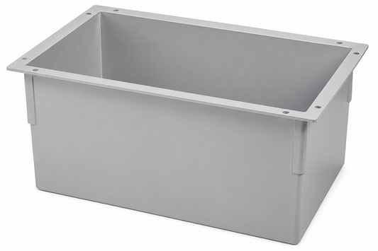 Gray rectangular plastic box with a white background