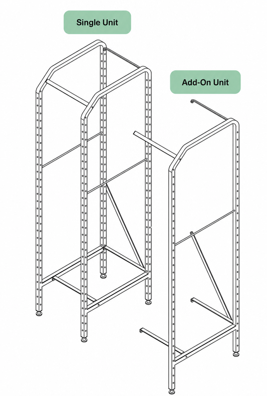 Black and white line drawing showing two metal rack units labeled 'Single Unit' and 'Add-On Unit' on a plain white background.