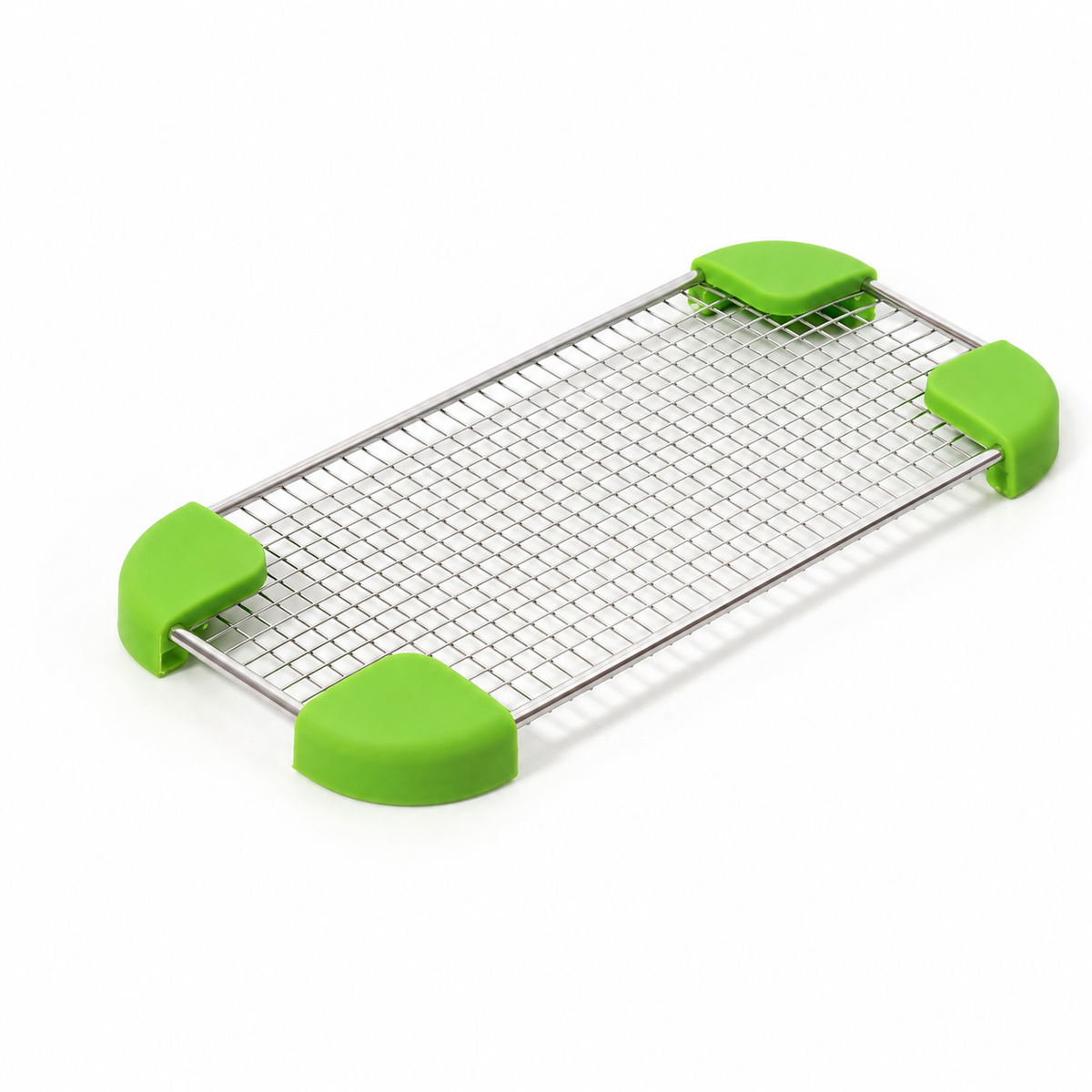 A rectangular stainless steel wire lid with four bright green silicone corner guards, shown on a clean white background.