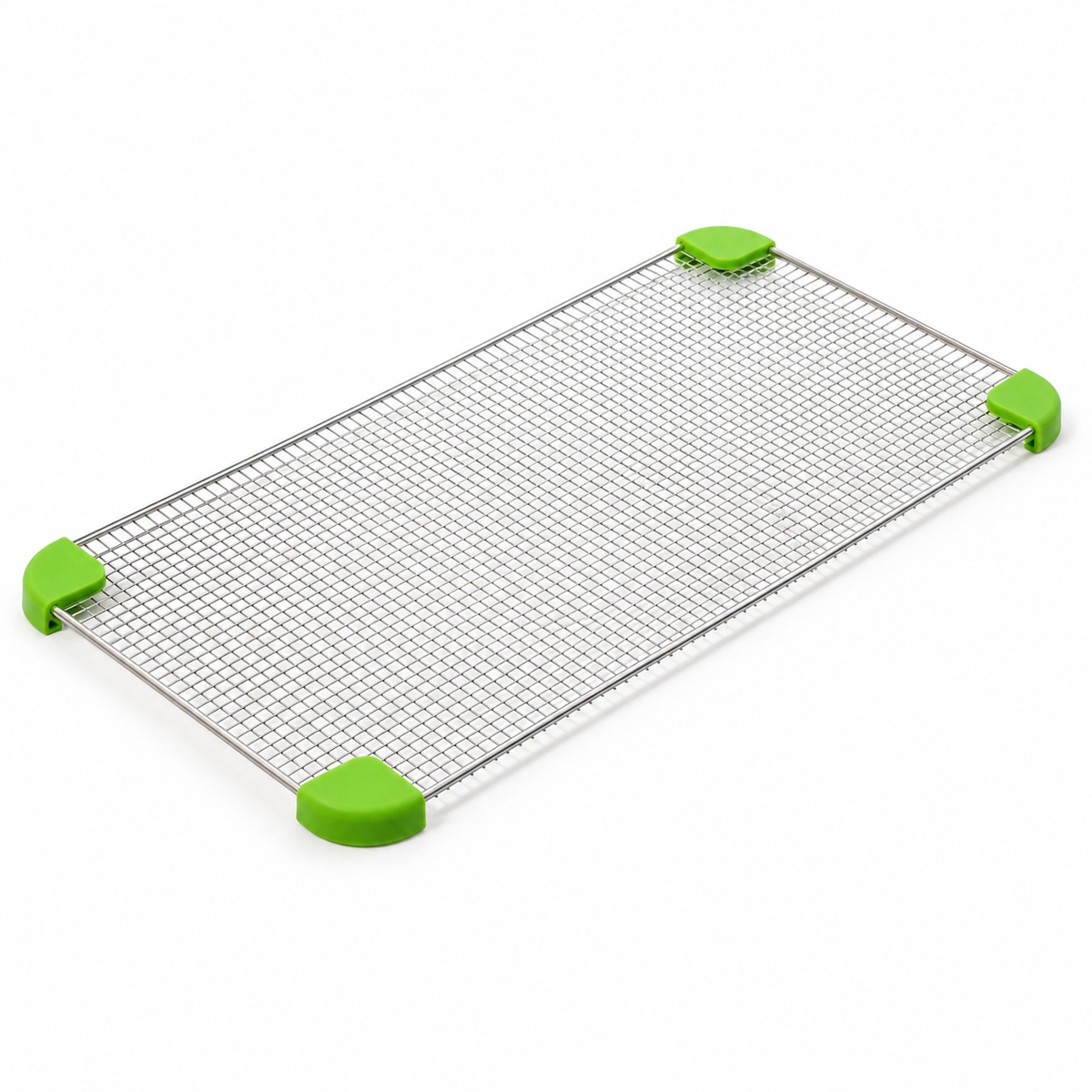 A rectangular stainless steel wire lid with four bright green plastic corner protectors, shown on a plain white background.