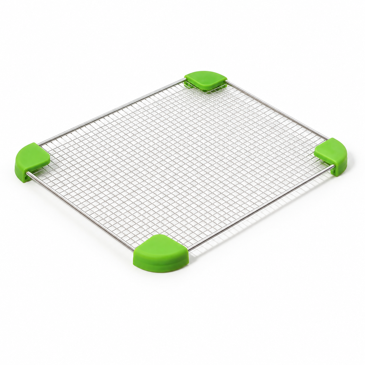 A square metal mesh lid with four bright green corner supports on a plain white background.