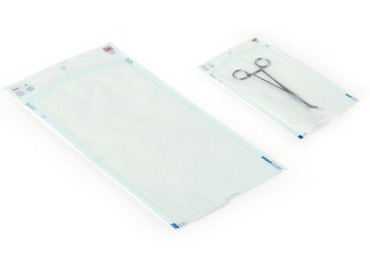 Two sterilization pouches with surgical scissors on a white background