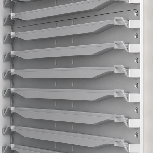 Close-up of a gray plastic shelving or organizer system with multiple horizontal slots and mounting brackets.