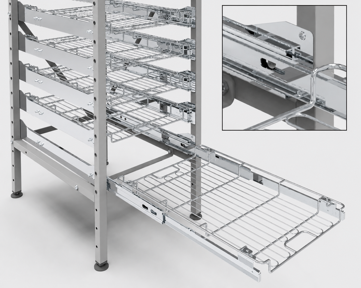 A stainless steel wire storage rack with multiple pull-out trays, shown in a clean studio-style rendering with an inset close-up of a tray mechanism.