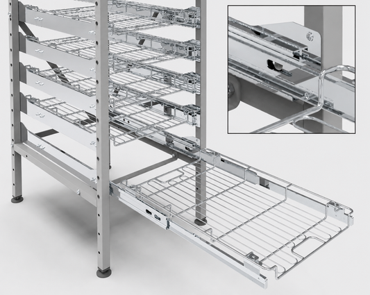 A stainless steel wire storage rack with multiple pull-out trays, shown in a clean studio-style rendering with an inset close-up of a tray mechanism.