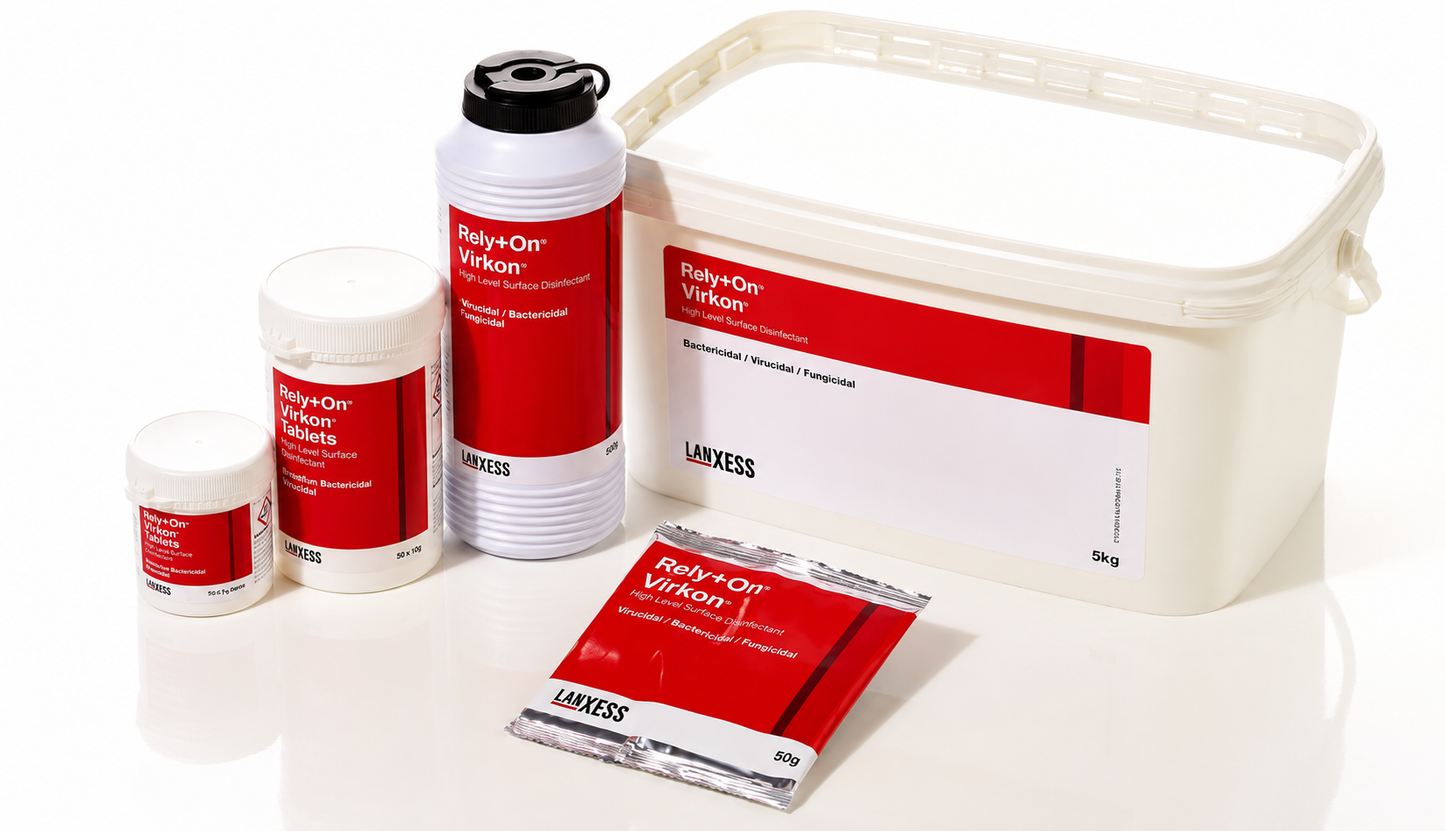 Assortment of Virkon Disinfectant including bottles and packets on a white background