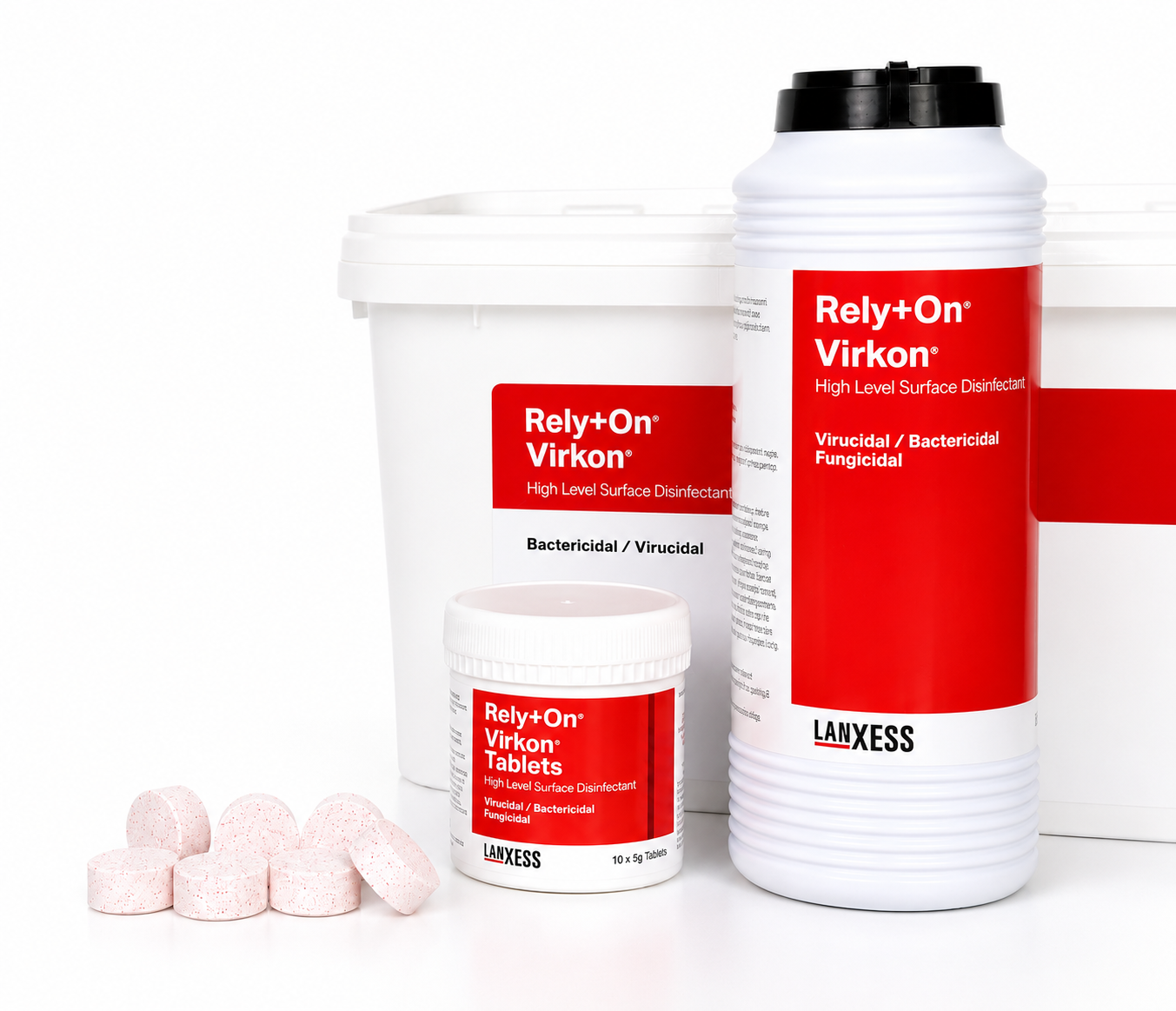 Rely+On Virkon disinfectant products including a bottle, container, and tablets on a white background.