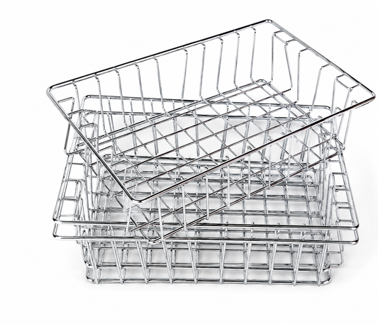 Set of wire baskets on a white background
