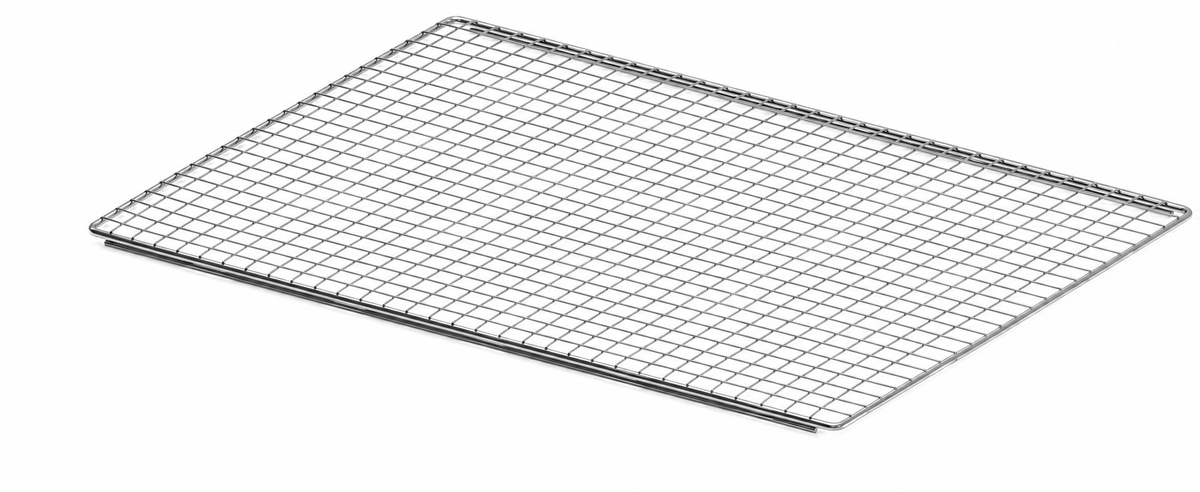 A rectangular metal shelf with a silver wire grid pattern, shown at an angle on a plain white background.